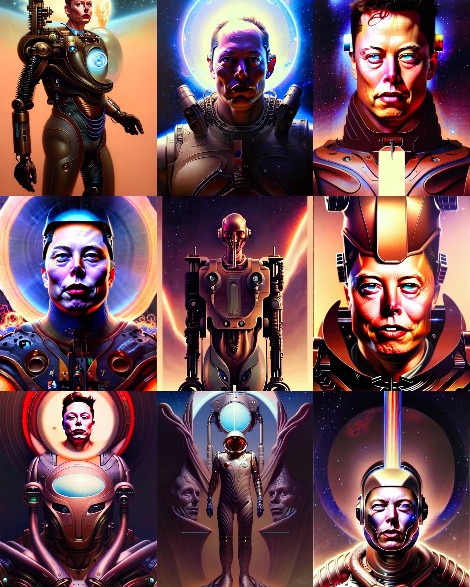 Prompt: beautiful elon musk god of mars fantasy character portrait, ultra realistic, cyborg, muted color, wide angle, intricate details, the fifth element artifacts, highly detailed by peter mohrbacher, hajime sorayama, wayne barlowe, boris vallejo, aaron horkey, gaston bussiere, craig mullins