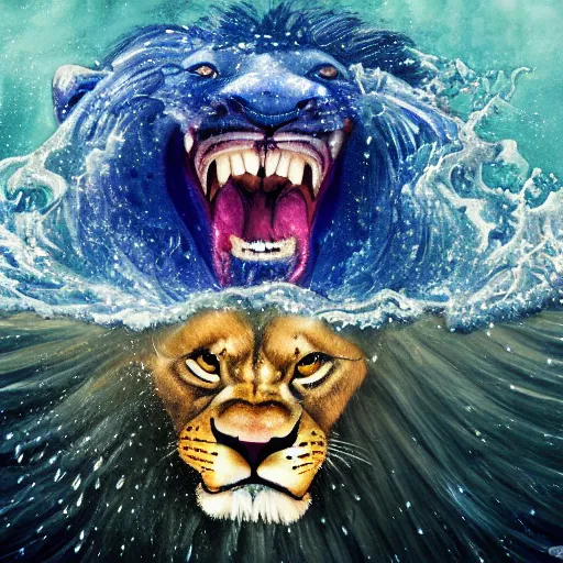 Image similar to a male lion's face breaching through a wall of water, water sprites, splashing, deep blue water color, highly detailed