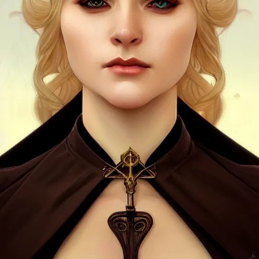 Image similar to Portrait of seductive female priest, D&D, revealing stylish dress, choker on neck, long blonde hair, mouth slightly open, slight nerdy smile, fantasy, intricate, elegant, highly detailed, digital painting, artstation, concept art, smooth, sharp focus, illustration, art by artgerm and greg rutkowski and alphonse mucha