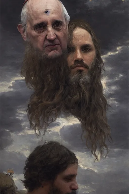 Prompt: the pope and the antichrist, 8 k, trending on artstation, smooth, sharp focus artwork by gustave courbet, mark keathley, greg rutkowski and annie leibowitz