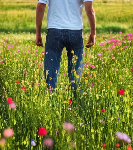 Image similar to tall shadow person figure standing in beautiful meadow of flowers, high quality film photo, grainy, high detail, high resolution