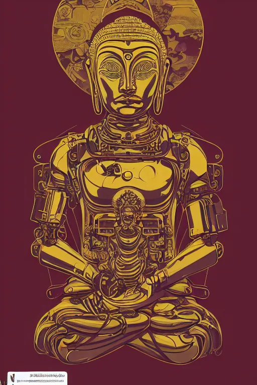 Prompt: a study of cell shaded Vector illustration of a cyborg robot buddha inside of a lotus flower , golden ratio, screen print poster, character concept art by character concept art by josan gonzalez, james jean, Mike Mignola, Laurie Greasley, highly detailed, sharp focus, sharp linework, clean strokes, motherboard, Artstation, deviantart, artgem
