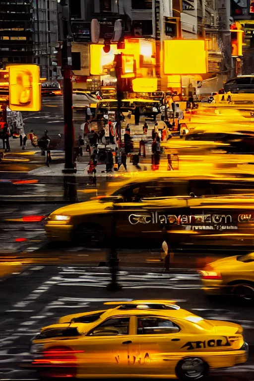 Prompt: yellow taxi cab in New York street from the back, very low angle, red back taillights, steam, sunset in the background, CGsociety, exquisite detail, post-processing, masterpiece, volumetric lighting, cinematic, hypermaximalistic, high details, cinematic, 8k resolution, beautiful detailed, insanely intricate details, sharp edges, smooth focus, low angle, tilted