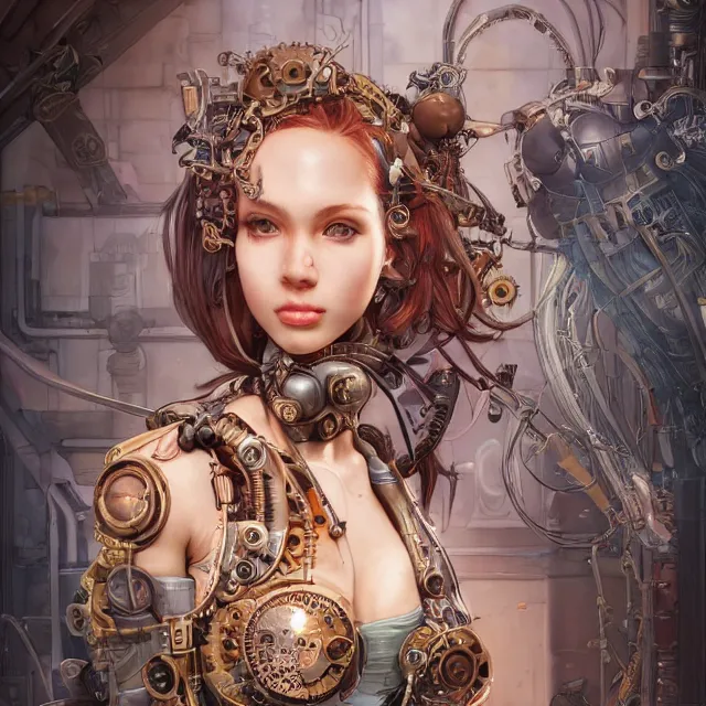 Image similar to the portrait of true neutral semi - colorful female steampunk cyborg mechanist as absurdly beautiful, gorgeous, elegant, young swimsuit model, an ultrafine hyperdetailed illustration by kim jung gi, irakli nadar, intricate linework, bright colors, octopath traveler, final fantasy, unreal engine 5 highly rendered, global illumination, radiant light, detailed and intricate environment