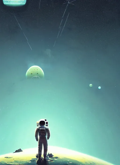 Image similar to a lonely astronaut overlooking at an amazing alien landscape with stars, digital art, breathtaking, light particles, extremely detailed, establishing shot, hyperrealistic, dynamic lighting, particles, unreal engine, simon stålenhag, rendered by Beeple, Makoto Shinkai, syd meade, simon stålenhag, Ruan Jia, Kentaro Miura, environment concept, trending on artstation, octane render, 4K UHD image