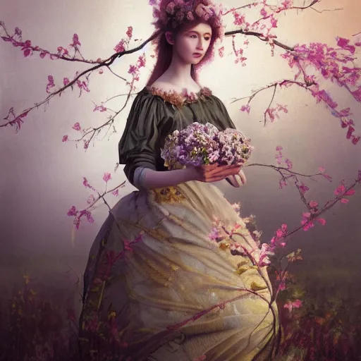 Prompt: 8 k, octane render, realism, tonalism, renaissance, rococo, baroque, portrait of a young lady wearing long manga dress with flowers and ivy, background chaotic gold leaf flowers