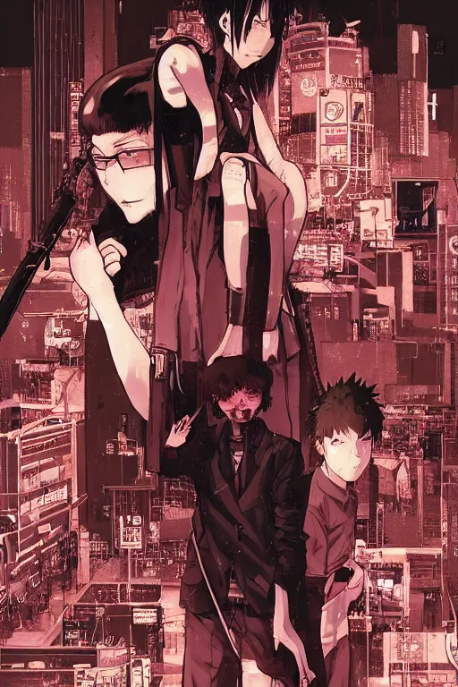 Prompt: professionally drawn seinen mature cyberpunk detective horror action manga comic cover about wizards, full color, beautifully drawn coherent professional, drawn by ilya kuvshinov, ilya kuvshinov, satoshi kon and tsutomu nihei. japanese script kanji hiragana on the cover. simplistic minimalist stylized cover art. cel shaded