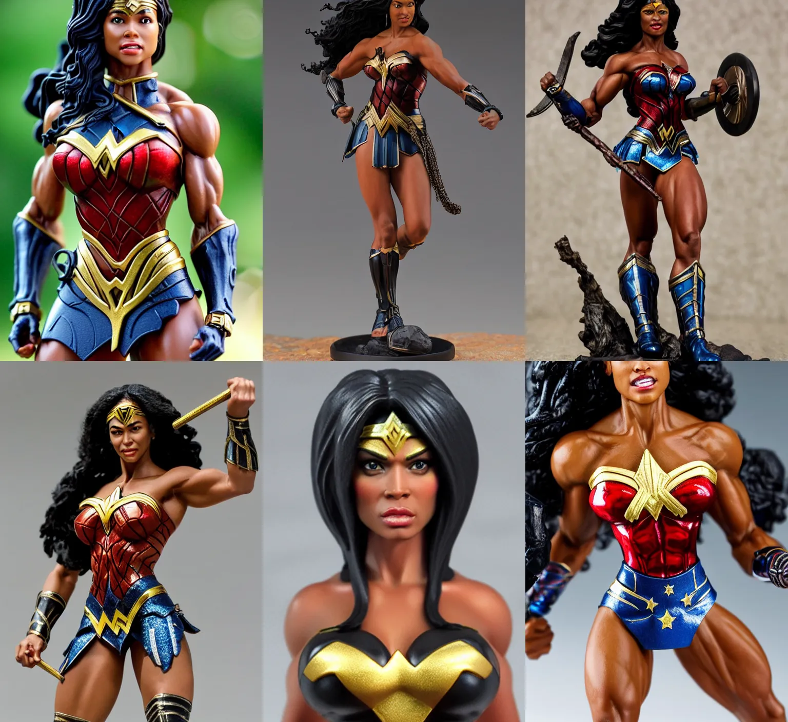 Prompt: 80mm resin detailed miniature of a muscular black wonder woman, beautiful bone structure, symmetrical facial features, Product Introduction Photos, 4K, Full body