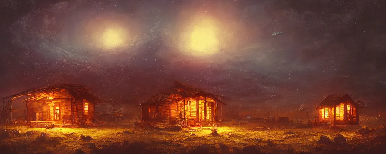 Image similar to ” otherwordly landscape with a single wooden shack at night, [ cinematic, detailed, epic, widescreen, opening, establishing, mattepainting, photorealistic, realistic textures, octane render, art by wlop and paul lehr ] ”