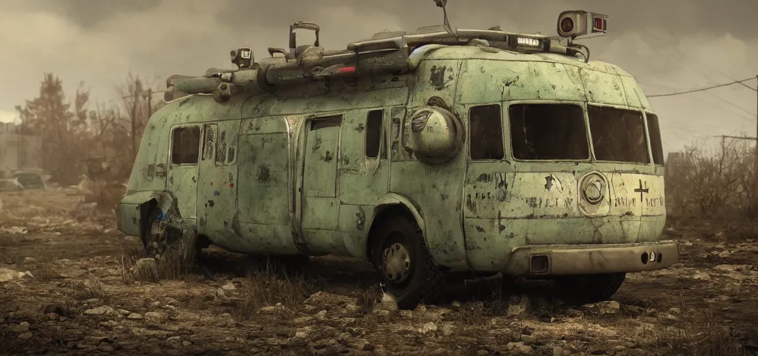 Prompt: fallout ambulance, 8 k photorealistic, hd, high details, trending on artstation