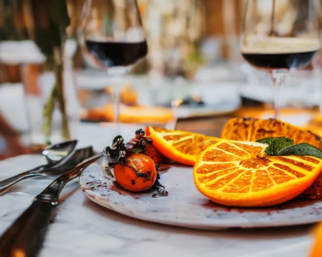 Prompt: 8 5 mm food photography of a plate full of grilled orange at restaurant with dof and bokeh and wine glasses o