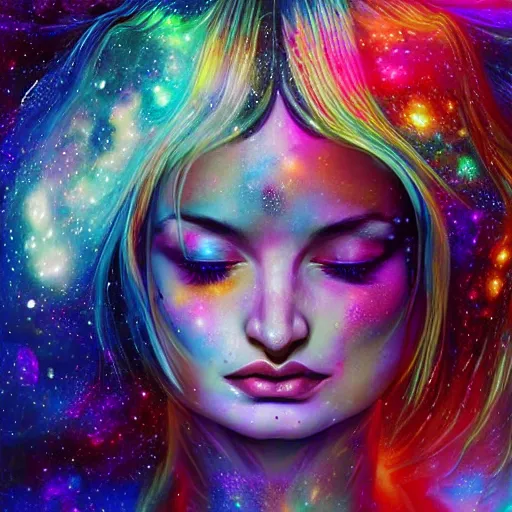 Image similar to a galaxy colored psychedelic chakra awakening kundalini ethereal portrait of kim petras with her eyes closed transcending to a higher plane of existence, eternal blessing, multiverse, by android jones, by ben ridgeway, visionary art, by artgerm, featured on artstation, cgsociety, by greg rutkowski