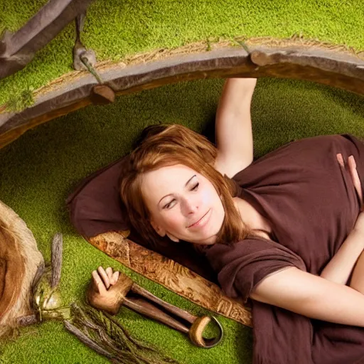 Prompt: woman laying on hobbit bed in the shire