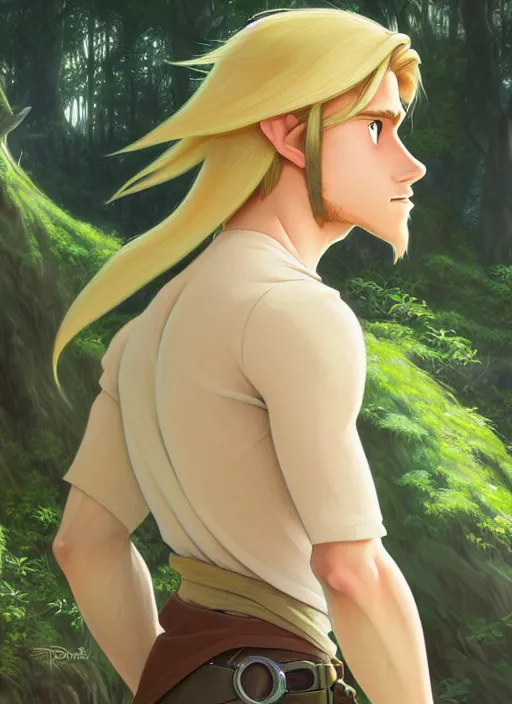 Image similar to young man with long blond hair, from behind, lost in a forest, natural lighting, path traced, highly detailed, high quality, digital painting, by don bluth and ross tran and studio ghibli and alphonse mucha, artgerm, breath of the wild