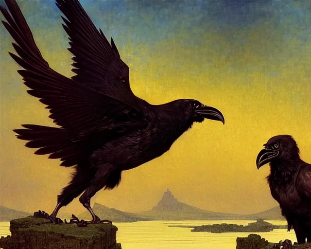 Prompt: two fighting ravens, emotionally evoking symbolic metaphors, fantasy, ornamental, intricate, elegant, highly detailed digital painting, artstation, concept art, painterly, golden ratio, sharp focus, illustration, art by John William Godward and Alphonse Mucha and Zdzisław Beksiński,