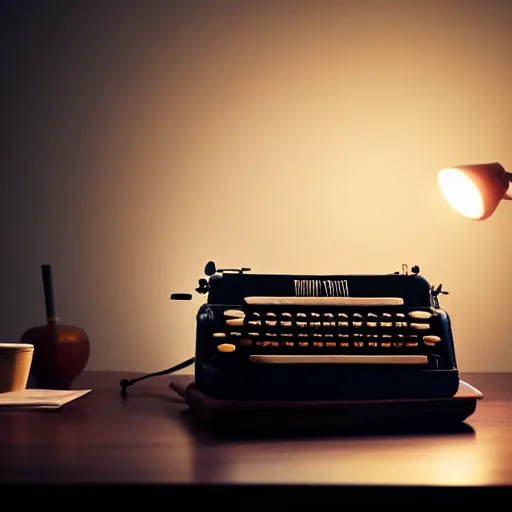 Image similar to painting of a typewriter on a desk in a dimly lit room, volumetric lighting, style of greg rutkowski