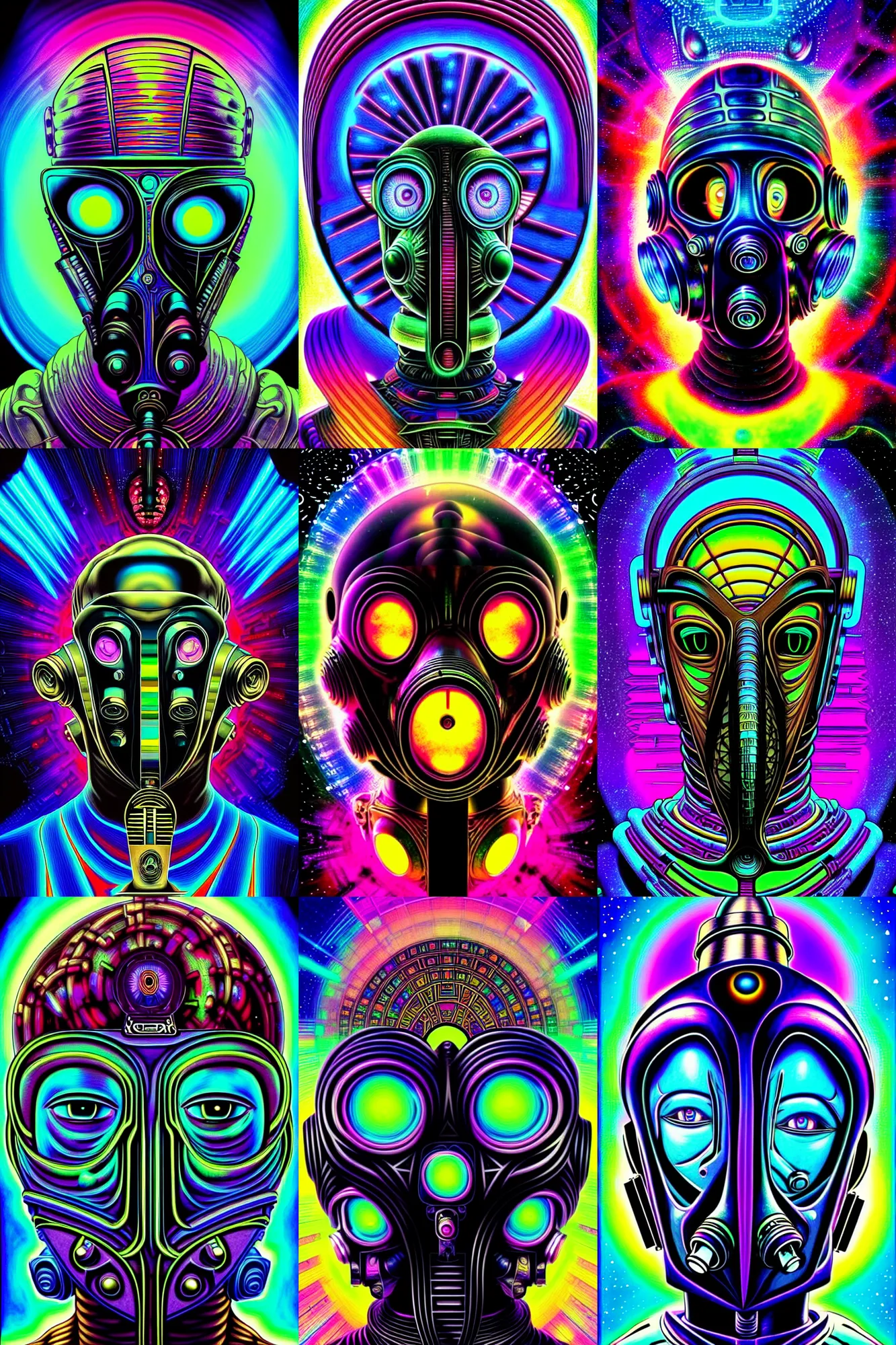 Prompt: vin diesel egyptian mayan deity aliens extraterrestrial wearing a beautiful cybernetic gas mask in the style of alex grey and beeple and william blake in the style of adorable dark fantasy, fantasy, art deco, crisp, award winning art, vivid colors, cmyk color scheme