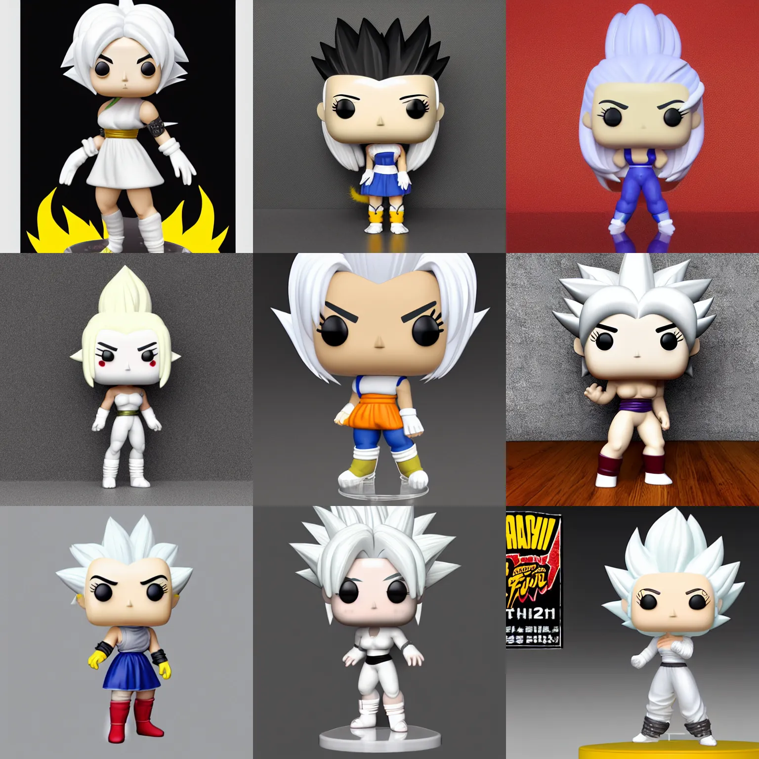 Prompt: saiyan girl, white hair, long white bushy tail, funko pop, render, plain background