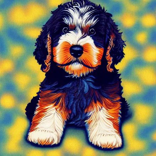 Image similar to a bernedoodle puppy at golden hour, bokeh, illustration