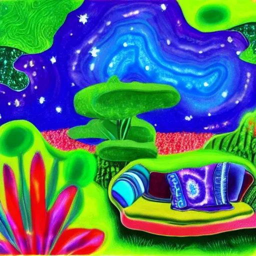 Image similar to psychedelic couch in the lush forest, planets, flowers, milky way, sofa, cartoon by eric carle