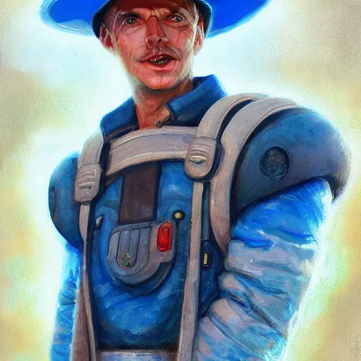 Image similar to Futuristic farmer portrait, deep blue eyes, radiant light, in the style of WLOP and tony sart