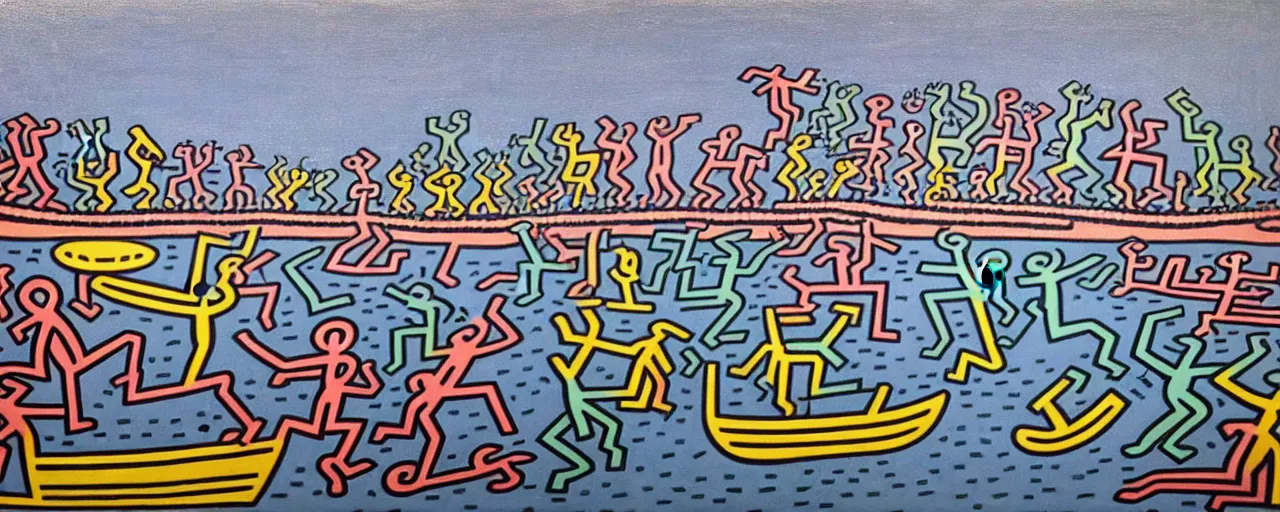 Prompt: a painting of the harbour at Stromness orkney, by Keith Haring