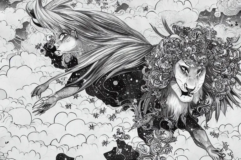 Image similar to angelic majestic winged lioness flying in outer space, stars dotted in background, black and white ink on paper, thick thick thick outlines, 8k high quality detailed manga art, trending on art station and cgsociety, super wide angle, octane, by Eiichiro Oda and Hokusai