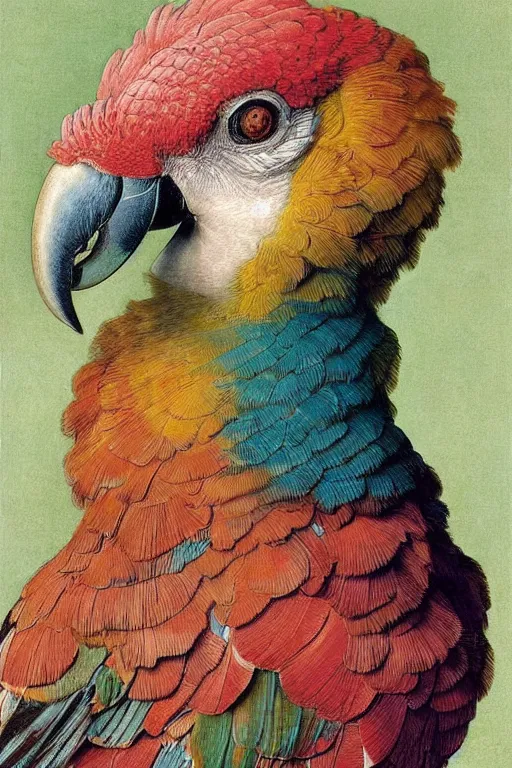 Prompt: hyperrealistic detailed profile portrait of a multicolored parrot, with flowers, soft pastel colors, art by ernst haeckel, john william godward, alphons mucha, pontormo, ornamental, decorative, art nouveau pattern