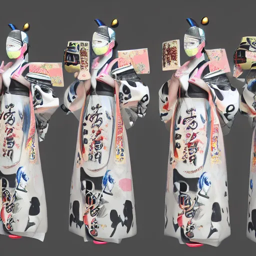 Image similar to japanese android geishas in a ceremony with extremely detailed respirators and head gear, inspired by die antwoord beautiful, hand painted textures, cloth physics, deviantart, karol bak, masamune shirow, black and white, beautiful kawaii lighting, photorealistic, concept art, perfect render, 3 d render, pixar, 8 k