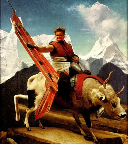 Image similar to gordon ramsay crossing the alps on a ram painting by paul delaroche