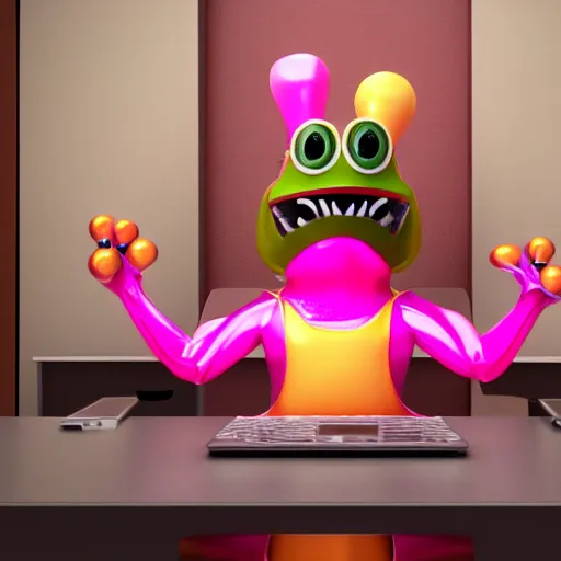 Prompt: octane render of a pink anthropomorphic frog wearing a golden set of armor sitting in a desk at an office,