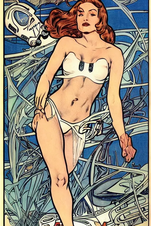 Image similar to female in white bikini with tattoos and stormtrooper helmet, well composed, clean elegant painting, beautiful detailed face. comic book art by steve ditko and jack kirby and ( alphonse mucha )