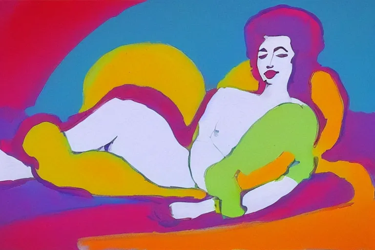 Image similar to a beautiful girl relaxing on a cloud by peter max, portrait,