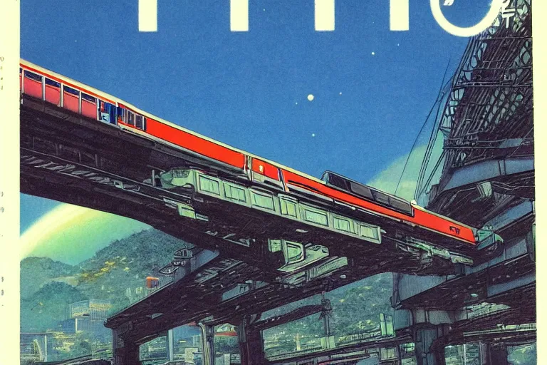 Prompt: 1 9 7 9 omni magazine cover of train bridge going above a park in iwakuni. cyberpunk style by vincent di fate