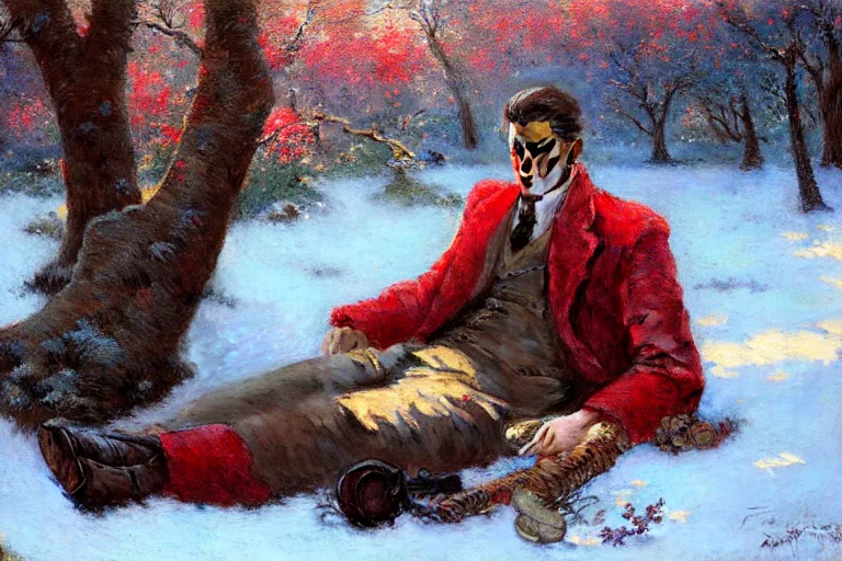 Prompt: winter, a clean - shaven white businessman relaxing under a world tree with red flowers, ground covered with snow, extreme long shot, painting by gaston bussiere, craig mullins, j. c. leyendecker, trending on artstation