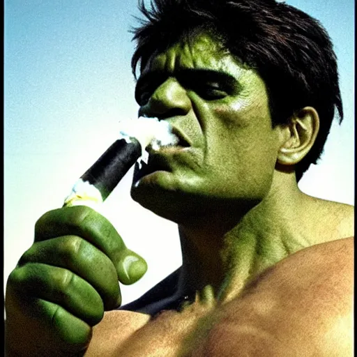 Prompt: Hulk smoking big joint,