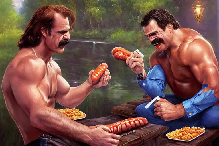 Prompt: portrait of wwf rick rude and wwf jake roberts sharing hotdogs, an oil painting by ross tran and thomas kincade