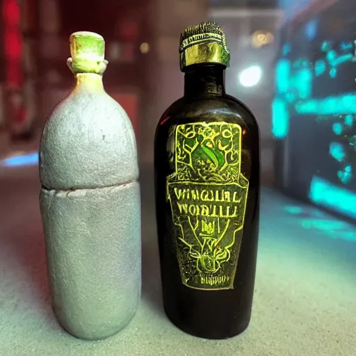 Prompt: Two magical bottles, the left bottle is filled with a fantasy world, the right bottle is filled with a cyberpunk world