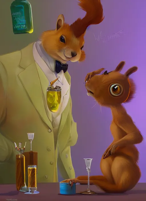 Prompt: squirrel anthro as a dapper bartender with a big, fluffy tail, retro futurism, art deco, detailed, painterly digital art by WLOP and Cory Loftis and Victor Nizovtsev, 🐿🍸🍋, furaffinity, trending on artstation