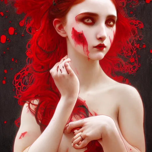 Image similar to goth girl wearing dress covered in red paint, intricate, art by artgerm and greg rutkowski and alphonse mucha and william - adolphe bouguereau, high detailed, 4 k,