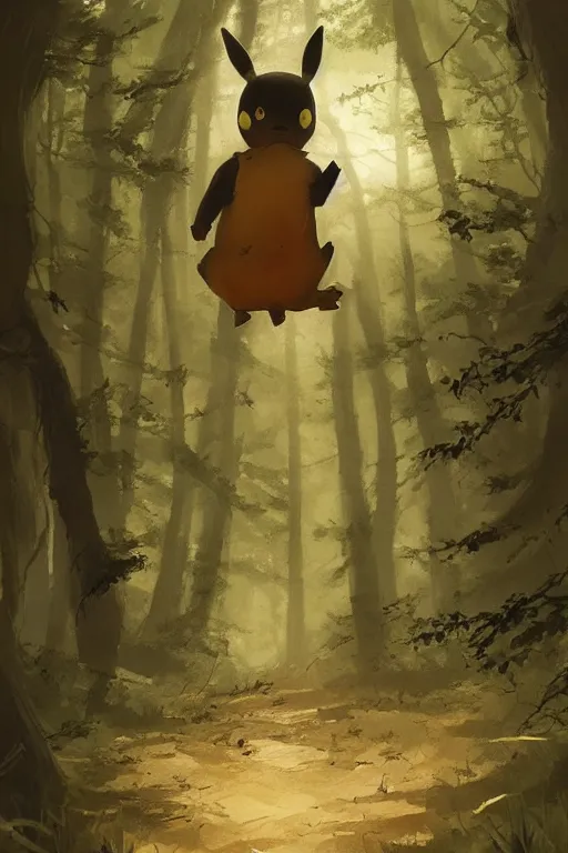 Prompt: Pikachu in the forest, horror, illustrated by Greg Rutkowski and Caspar David Friedrich, Trending on artstation, artstationHD, artstationHQ
