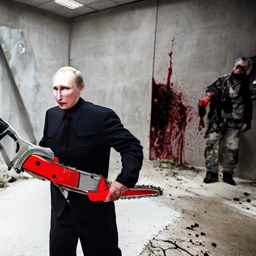 Image similar to putin with a chainsaw and a corpse. in a concrete bunker. focus on putins face with blood splatters. canon eos r 3, f / 1. 4, iso 1 6 0 0, 1 / 8 0 s, 8 k, raw, grainy