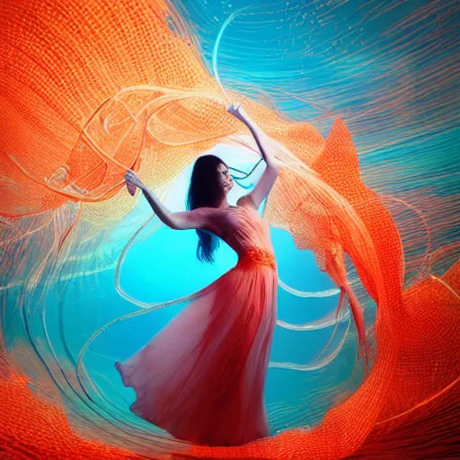 Prompt: woman dancing underwater wearing a long flowing dress made of many translucent layers of blue and red and yellow circuitry and thin wires, delicate coral sea bottom, swirling silver fish, swirling smoke shapes, unreal engine, caustics lighting from above, cinematic, hyperdetailed