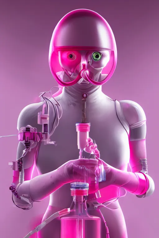 Prompt: Pink Vapor Inhalation Cyborg in a Medical Laboratory Connected to a Spherical Bottle of Pink Liquid by a Tube, Pink Vapor Leaking from an Oxygen Mask, fantasy, magic, ultra detailed, digital art, trending on artstation, illustration, robotic, mechanical, creepy, unsettling, horror, abandoned