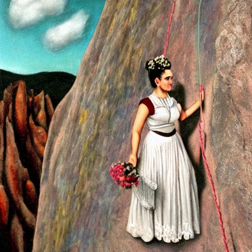 Prompt: Ultra realistic close-up of Frida Kahlo in a wedding dress rock climbing a steep wall, hd