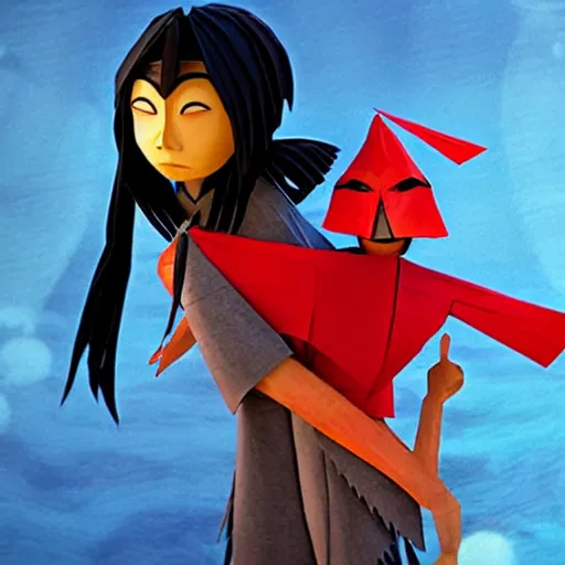 Prompt: kubo from kubo and the two strings, hugging his mother, surrounded by origami cranes