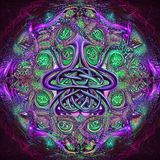 Image similar to a dramatic and beautiful digital matte painting of large iridescent octopus with legs made of fractal celtic knots, trending on cgartist, hi-fructose, mandala, string wall art, ultra detailed 8k