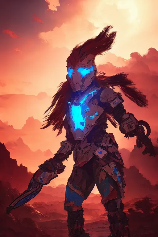 Image similar to combination suit armor aloy horizon forbidden west horizon zero dawn radiating a glowing aura global illumination ray tracing hdr fanart arstation by ian pesty and alena aenami artworks in 4 k tribal robot ninja mask helmet backpack