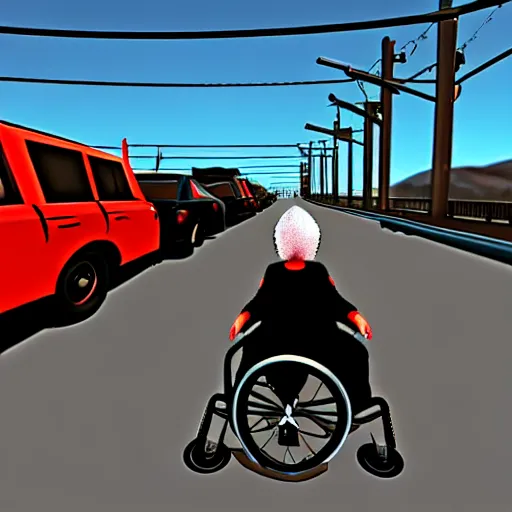 Prompt: Old woman in a wheelchair is chased by the police at very high speed. police cars in the background chasing the woman. texas desert. Dreamcast 3D video game. Third person game. Ingame Screenshot.