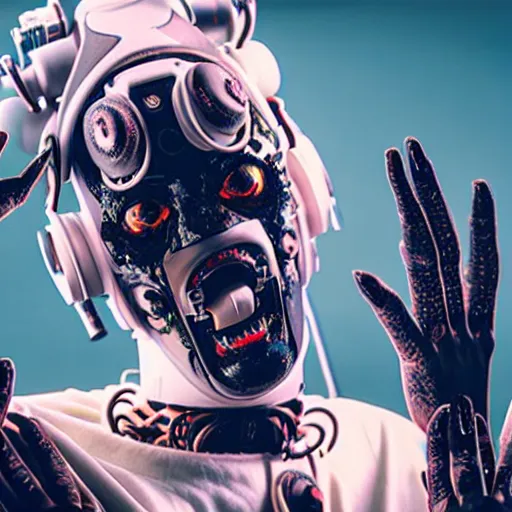 Prompt: a cinematic film still of rapper unotheactivist as a cybernetic cyborg, cgi, surrealism, film photography